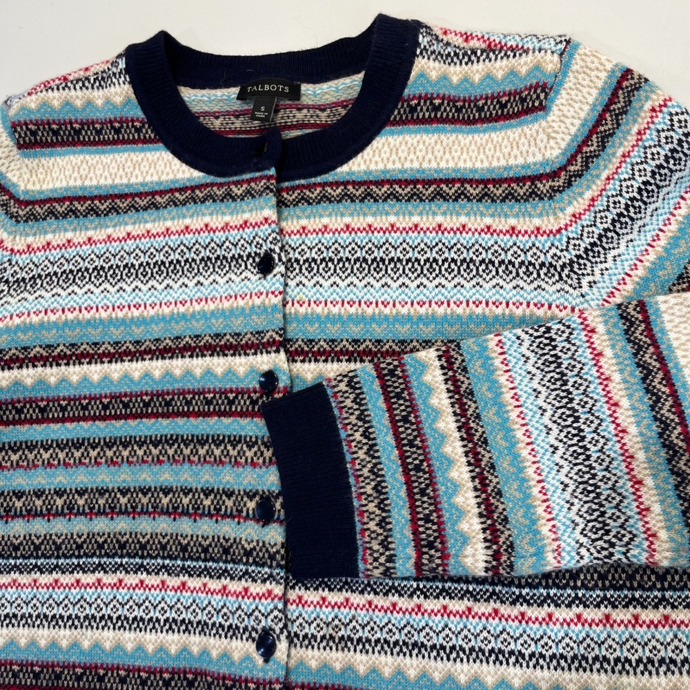 Talbots Womens Fair Isle Cardigan Sweater Lambswool Blend Navy Blue Cream Small